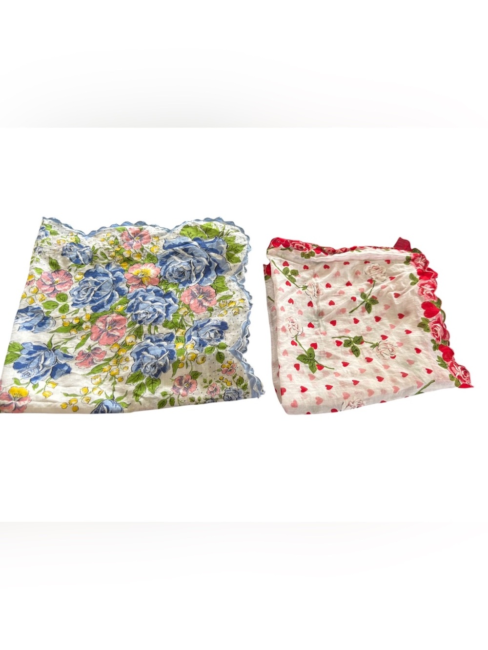 Vintage Cottagecore Scalloped Cotton Hankerchiefs Hankies Red Hearts Floral